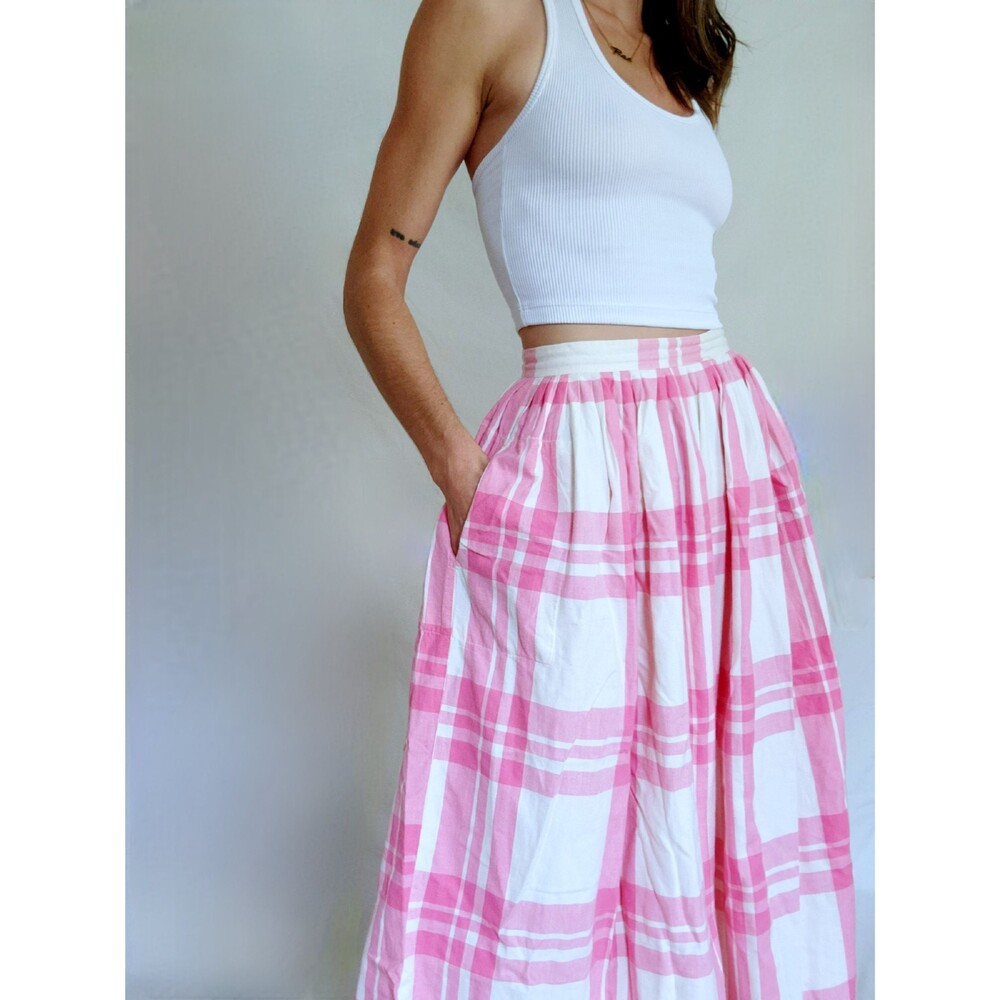 1980s Vintage ESPRIT Pink Plaid Cotton Midi Skirt with Pockets: Women's XS